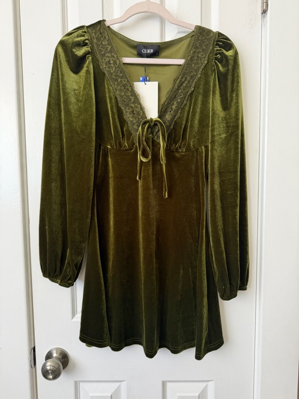 Cider Olive Lace-Trim Velvet Tie-Neck Top